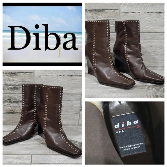 Retro (90's) Diba "Elko" Square-Toe Top-Stitch Wedge Heel Boots - Picture 2 of 15